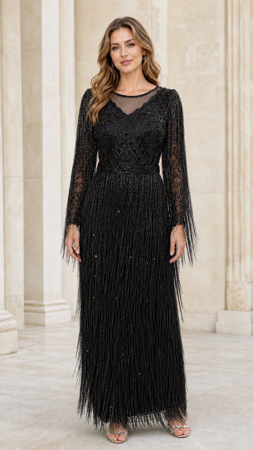 Front view of black beaded fringe evening gown