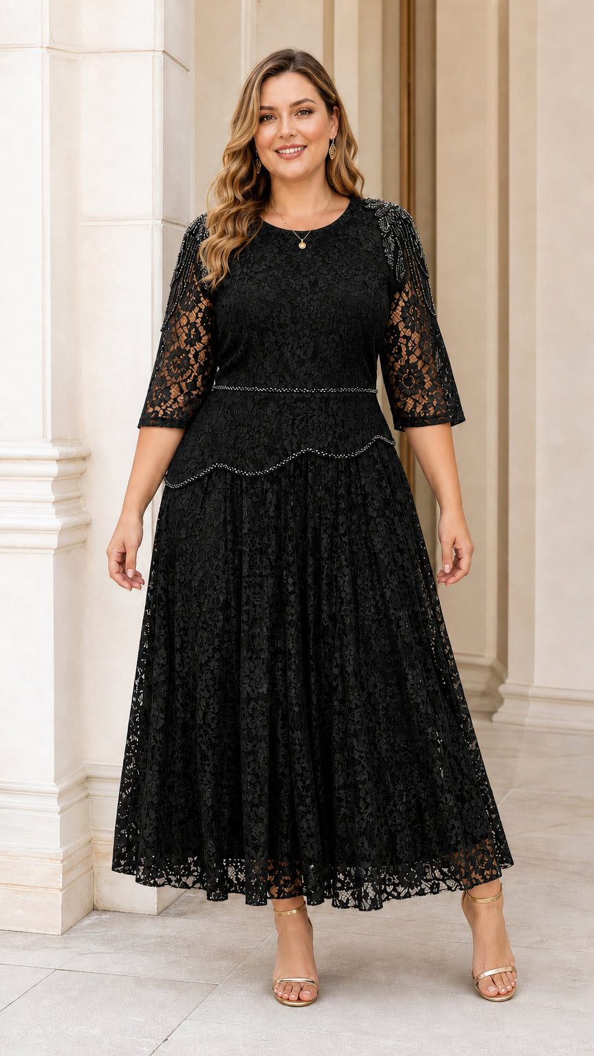 Front view of plus size model wearing black lace evening dress