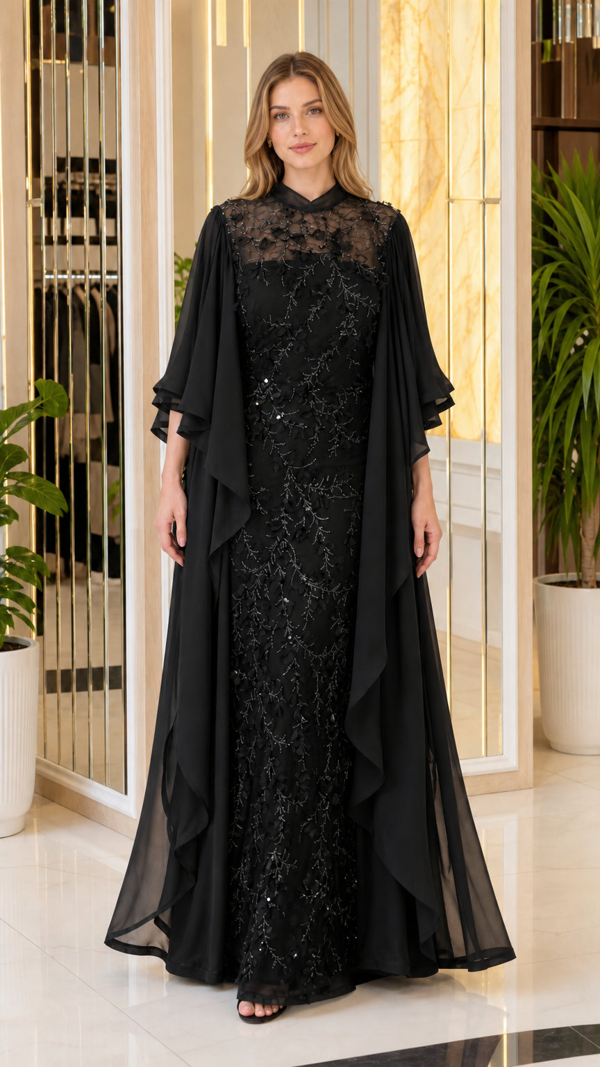 Front view of black evening gown variant