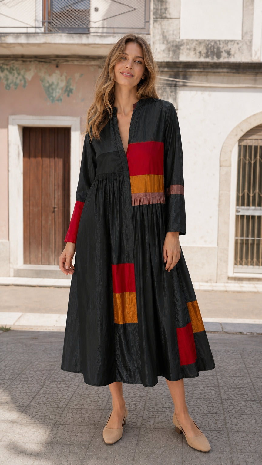 Boho Colorblock Long Sleeve Midi Dress