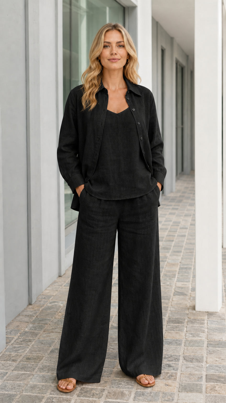 Women's Casual 3-Piece Linen Blend Button-Down Shirt Cami and Wide-Leg Pants Set