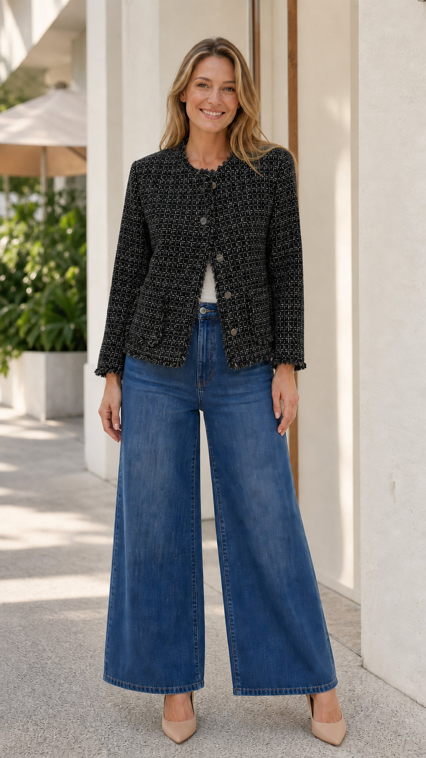 Classic Fringe-Trim Tweed Button-Front Jacket