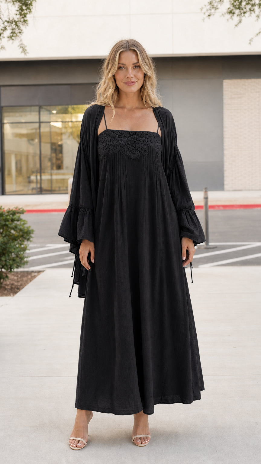 Model wearing black boho cami dress and matching kimono set