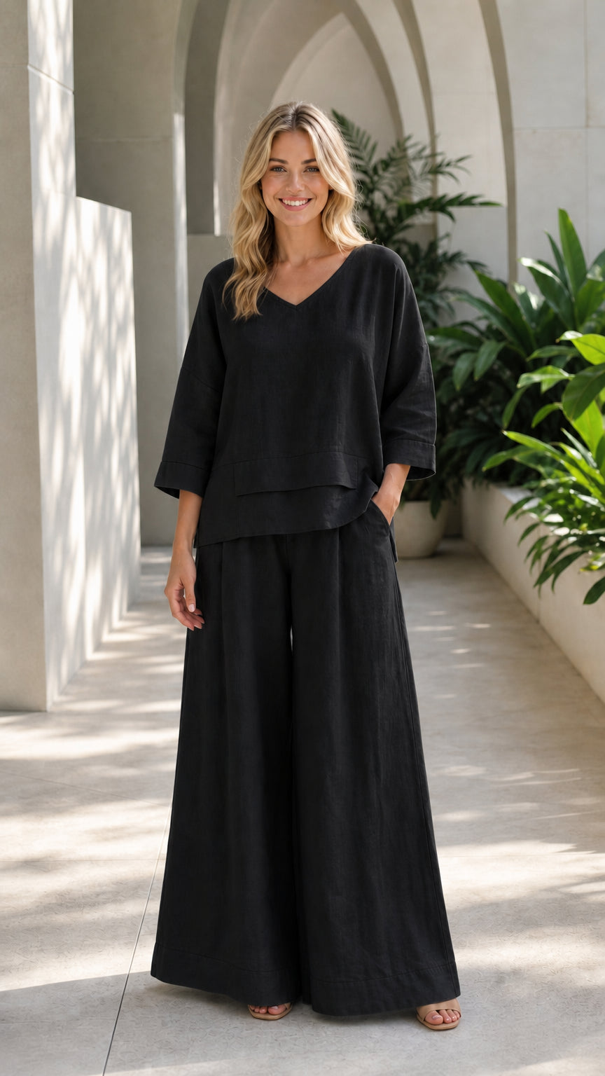Women's Casual V-Neck Two-Piece Wide-Leg Lounge Set