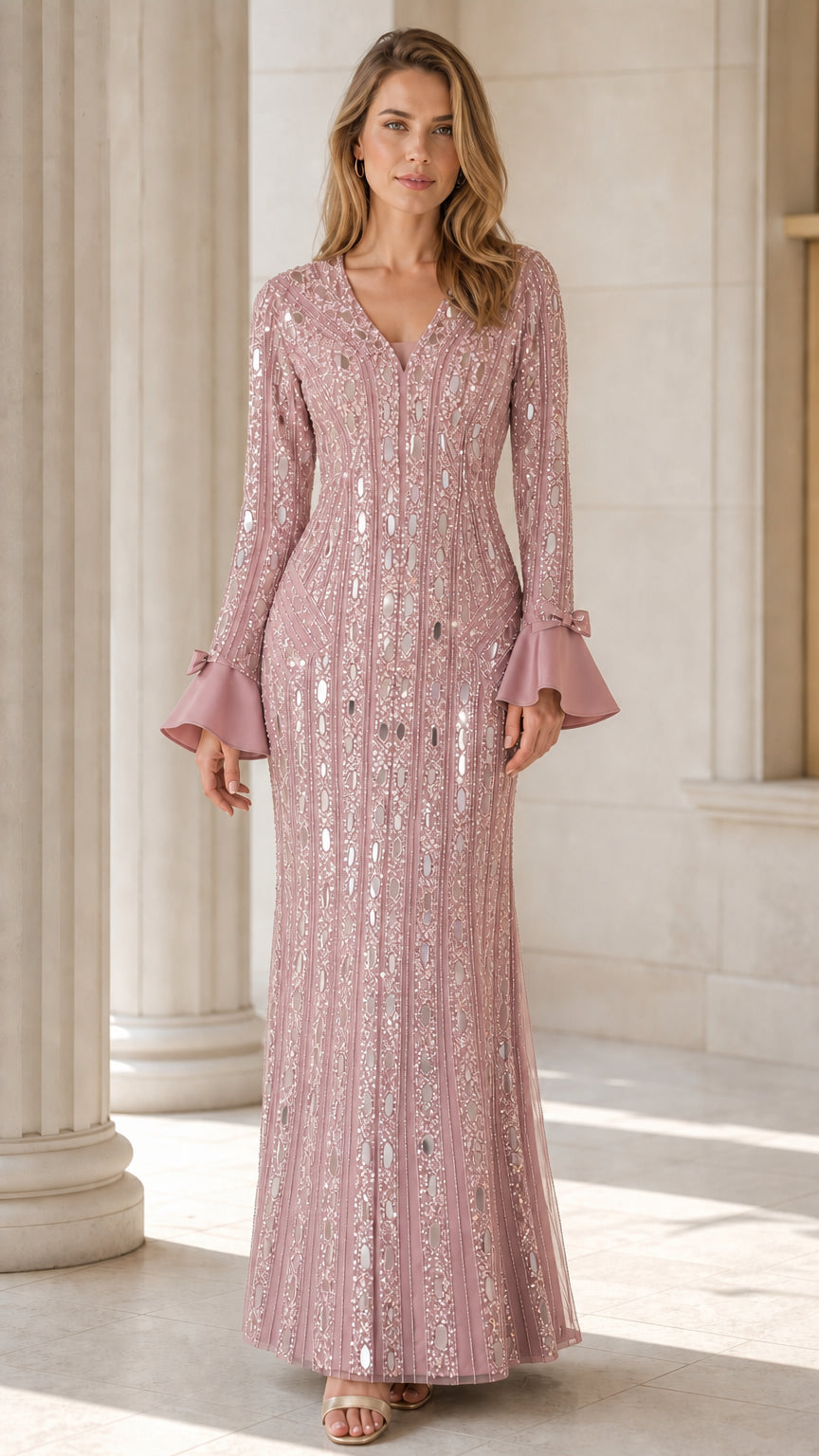 Front view of pink sequin evening gown