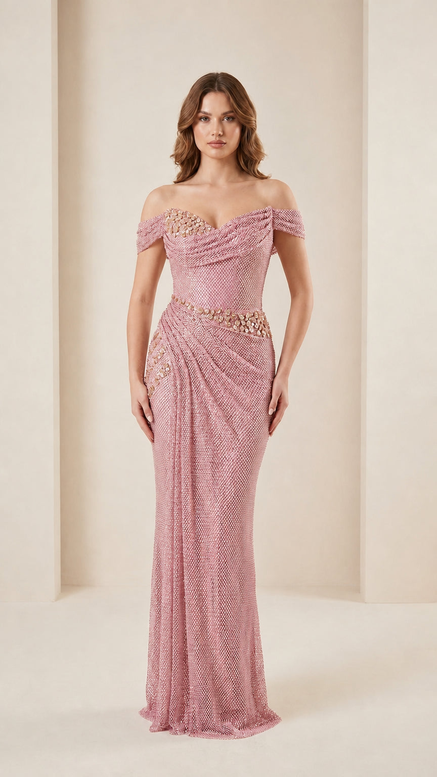 Front view of pink color variant of the evening gown