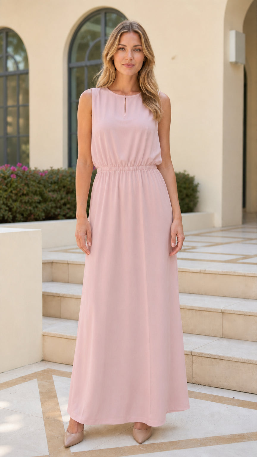Women's Sleeveless Keyhole Waist-Defined Maxi Dress