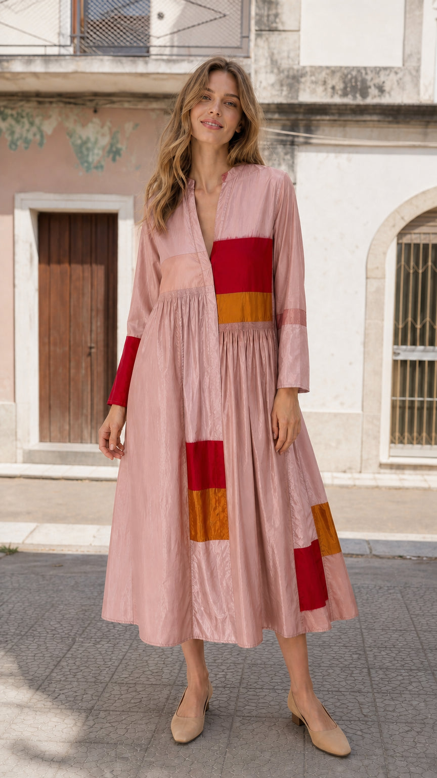 Boho Colorblock Long Sleeve Midi Dress