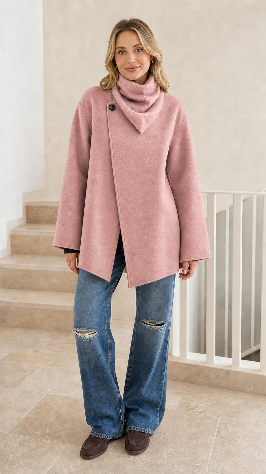 Front view of woman wearing pink asymmetrical cowl neck jacket