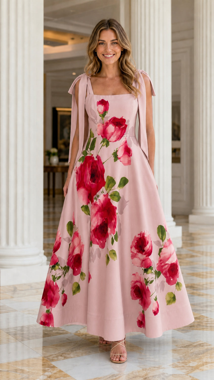 Women's Elegant Floral Print Tie-Strap Maxi Dress