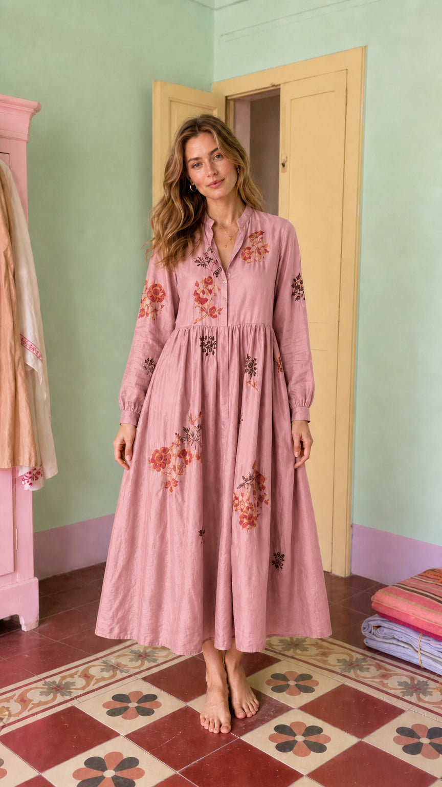 Women's Long-Sleeve Embroidered Midi Dress with Button Front