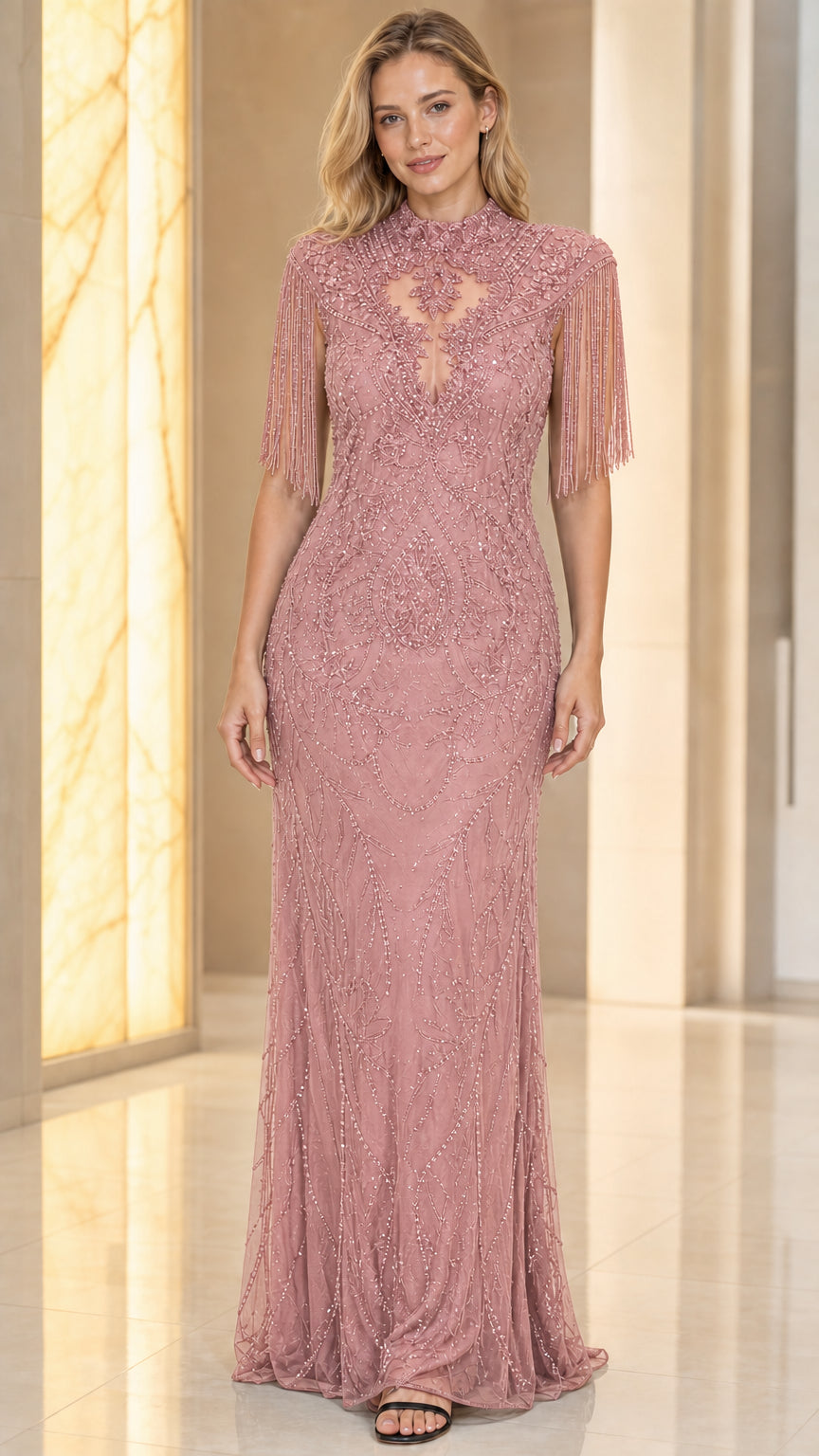 Front view of dusty rose evening gown variant