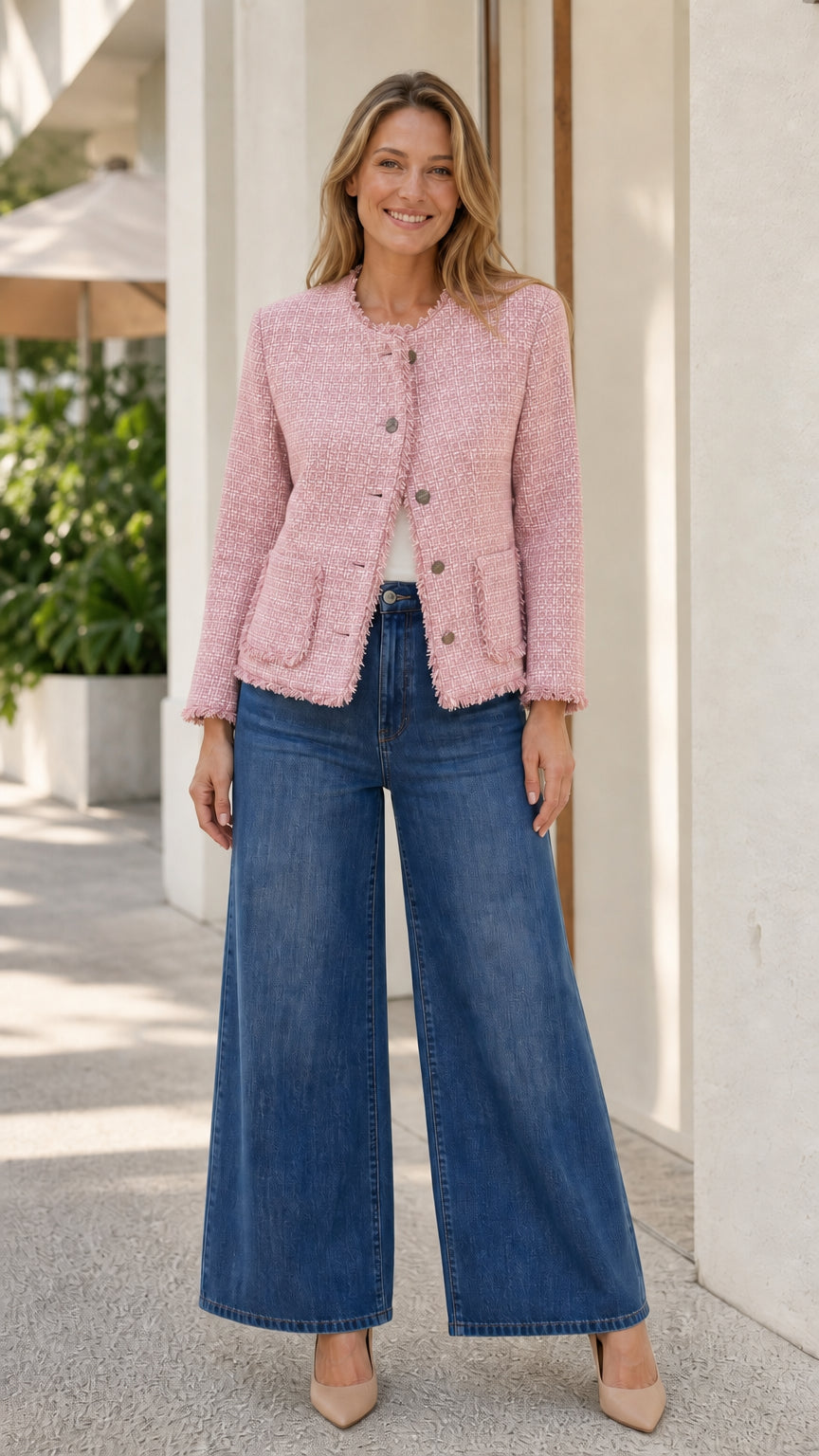 Classic Fringe-Trim Tweed Button-Front Jacket