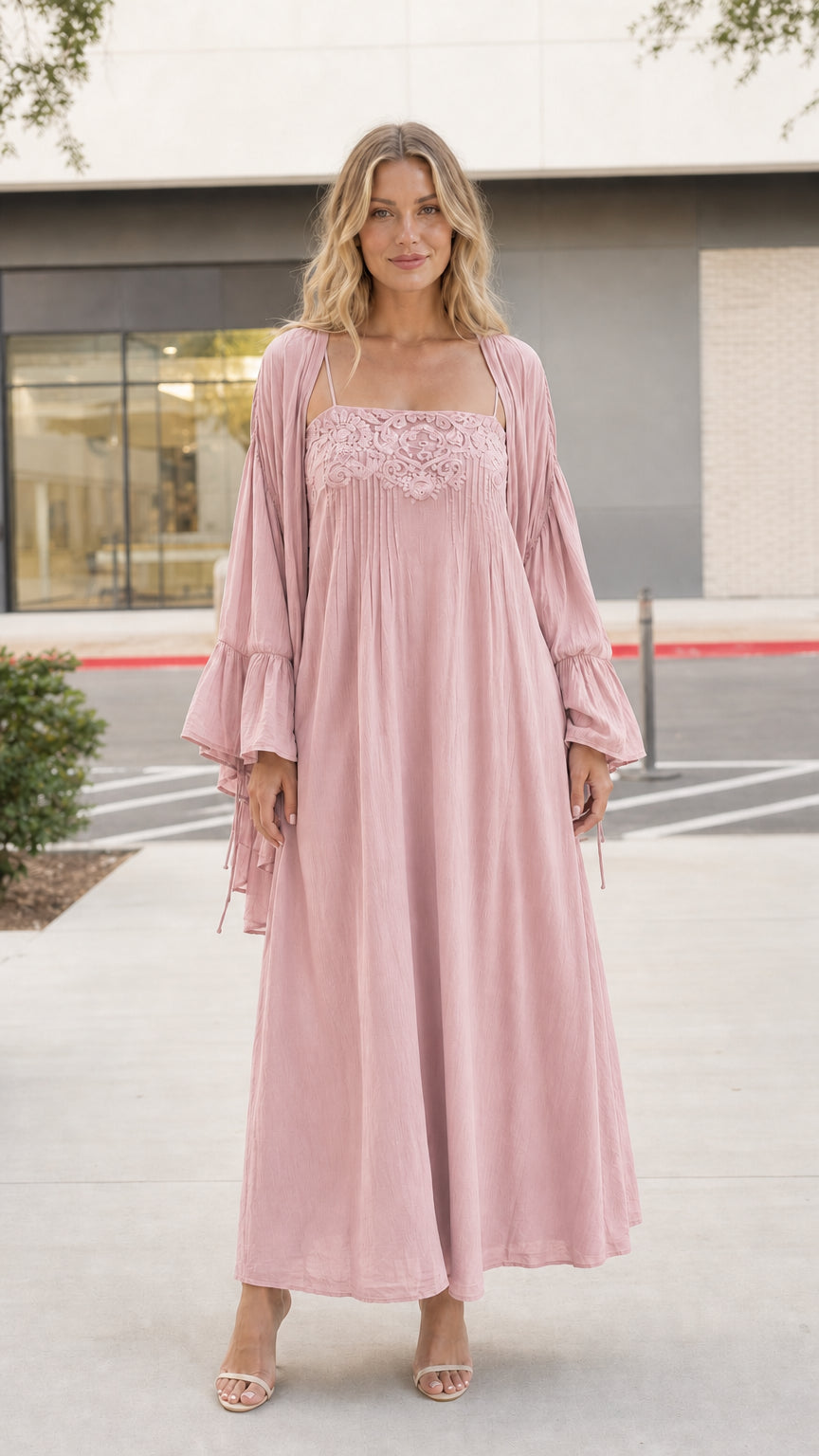 Model wearing dusty pink boho cami dress and matching kimono set