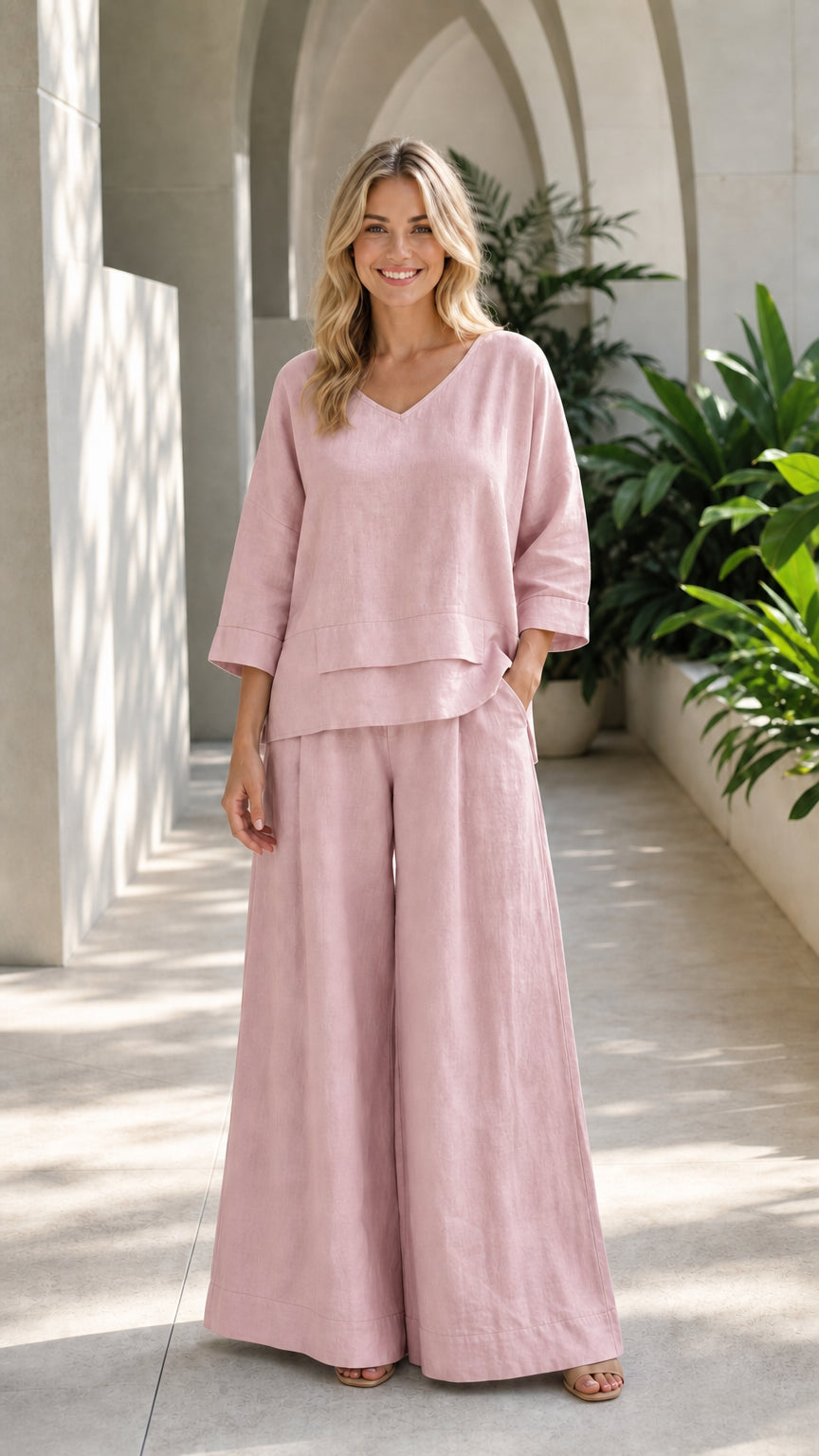 Women's Casual V-Neck Two-Piece Wide-Leg Lounge Set
