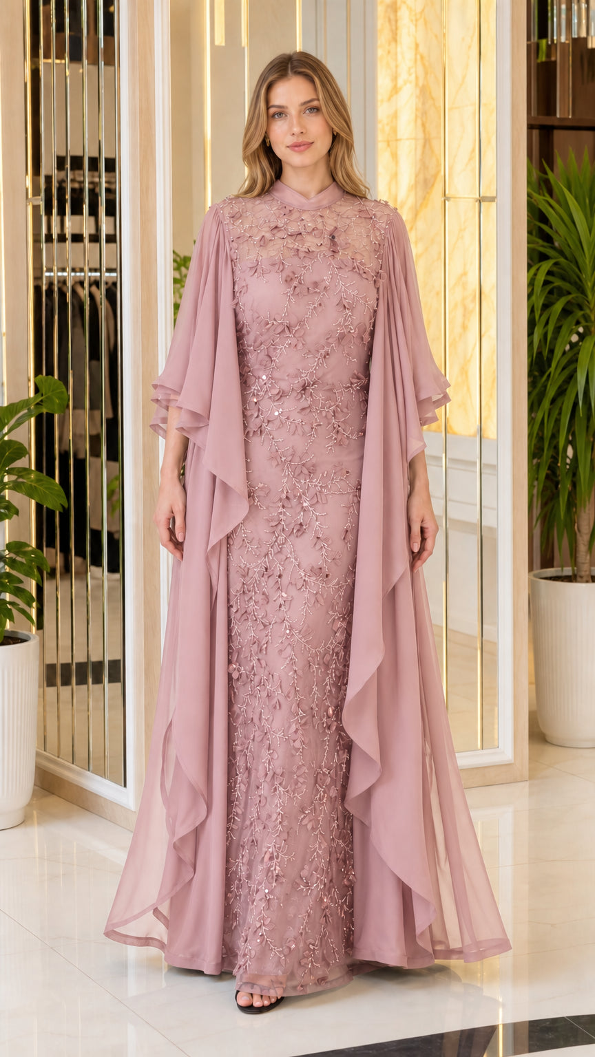 Front view of dusty rose evening gown variant
