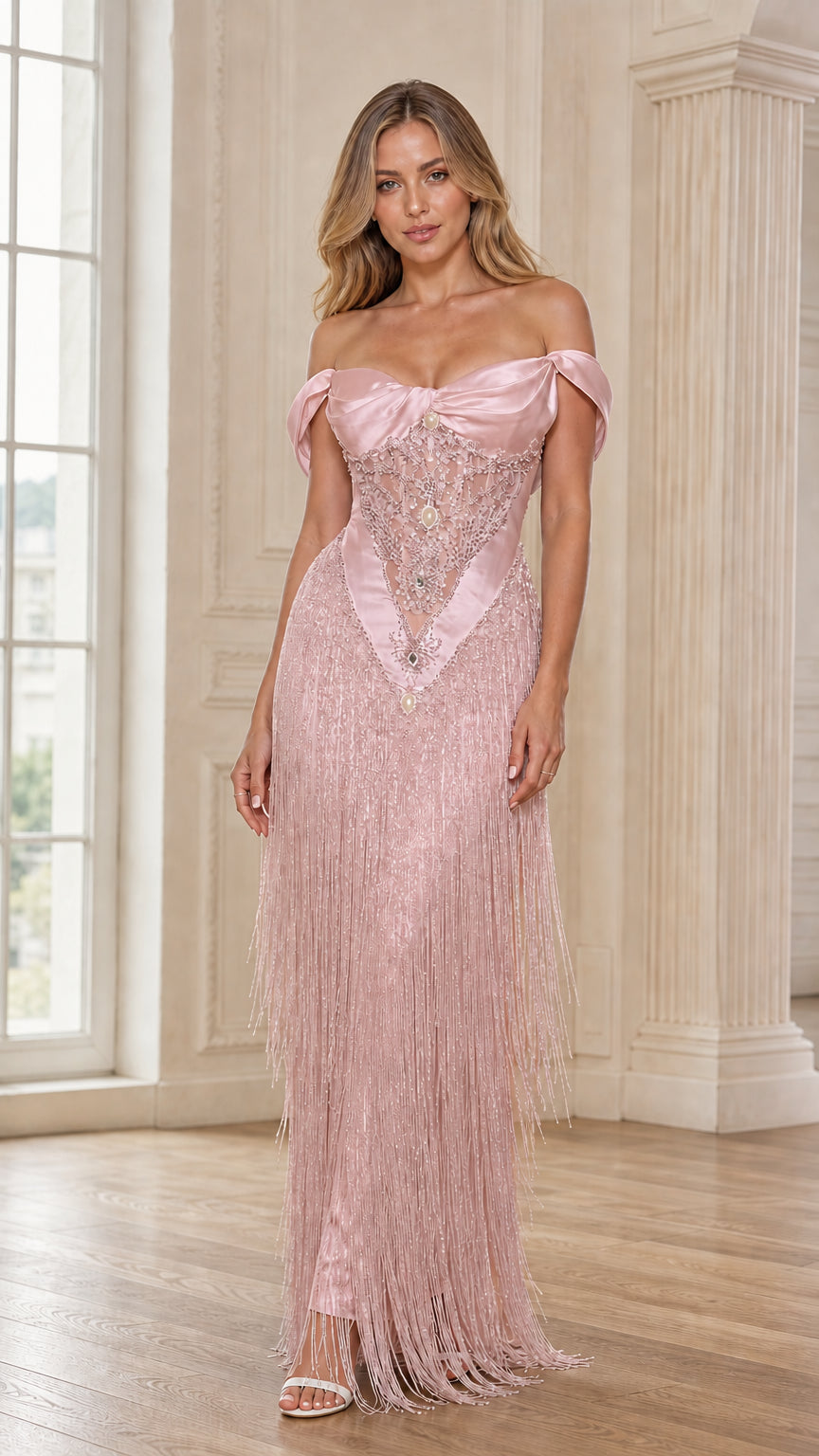 Front view of pink off-the-shoulder fringe evening gown