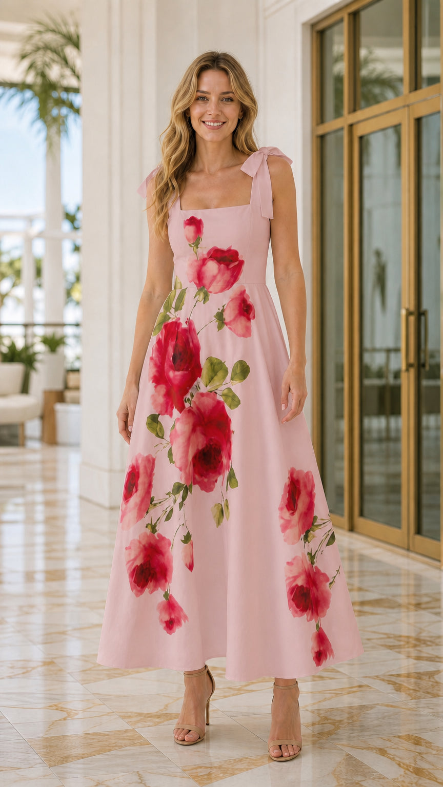 Women's Square Neck Floral Print Tie-Strap Maxi Dress