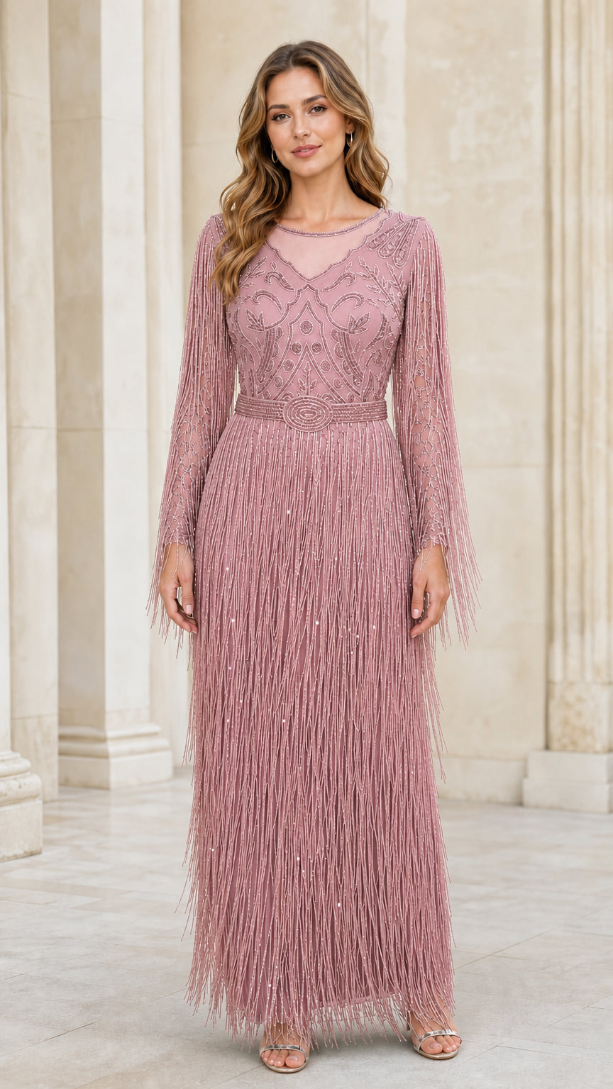 Front view of dusty rose beaded fringe evening gown