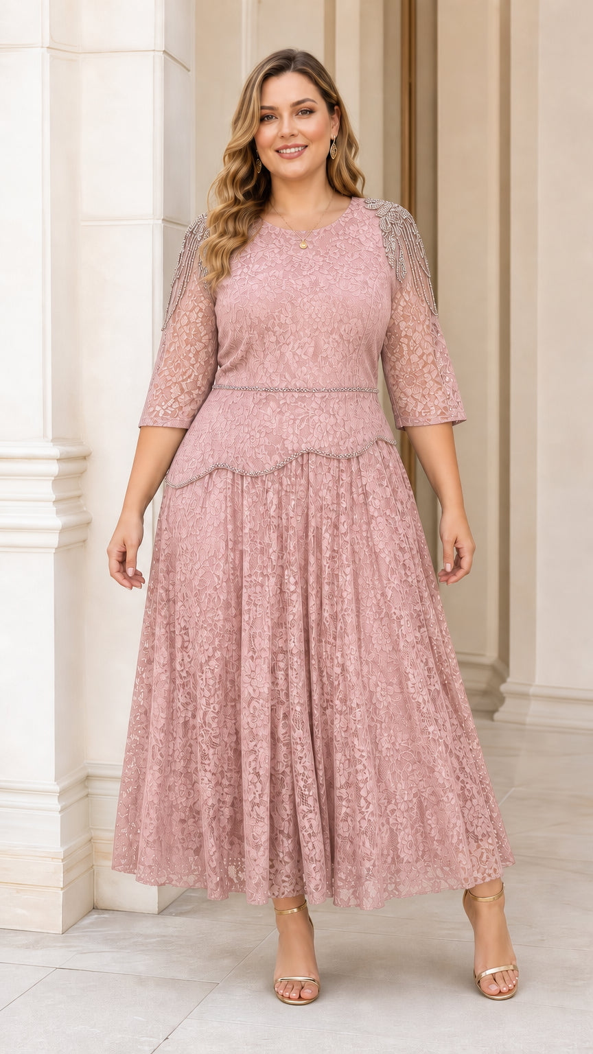 Front view of plus size model wearing dusty pink lace dress
