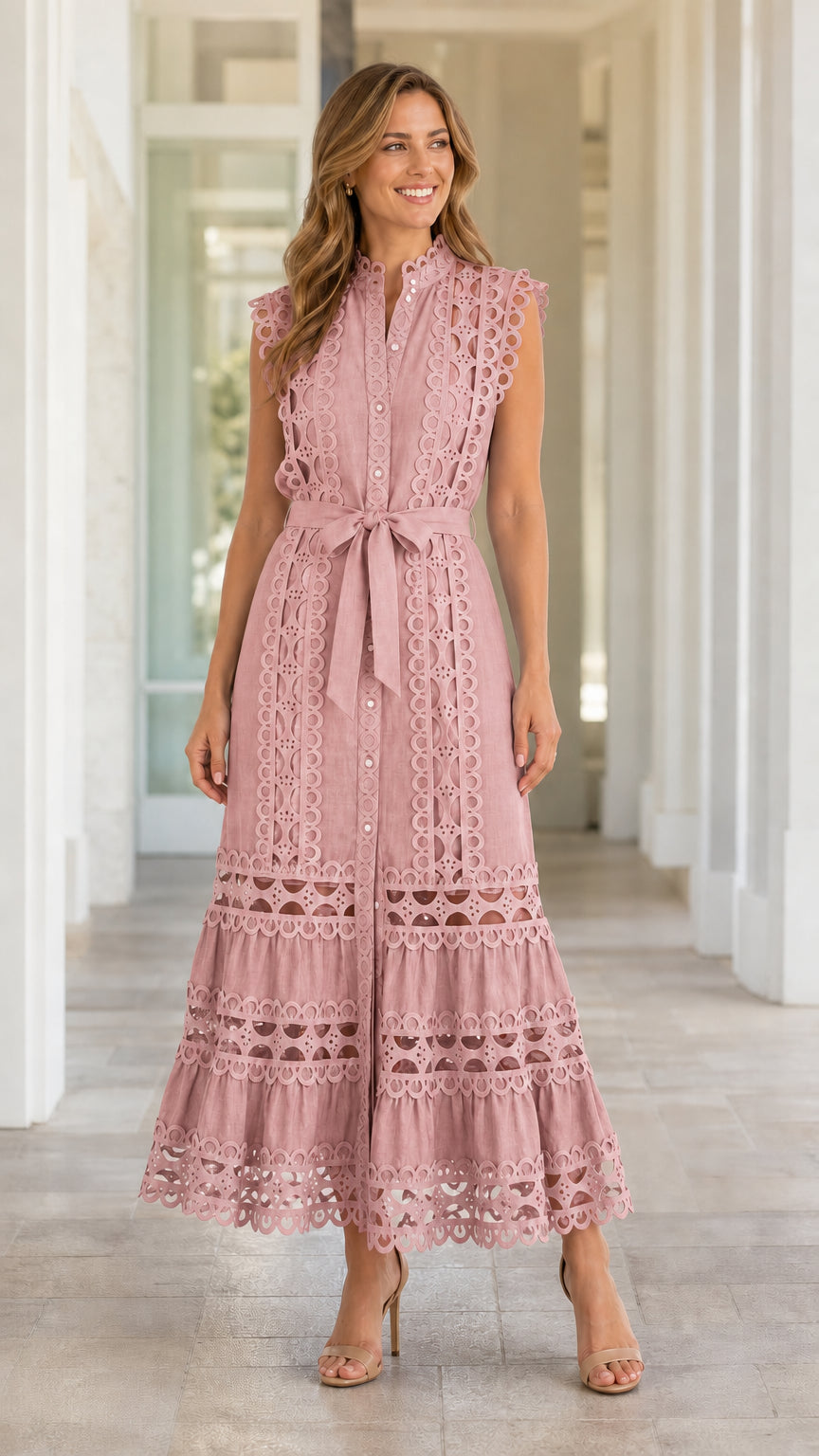 Women's Sleeveless Eyelet Lace Midi Dress with Self-Tie Belt