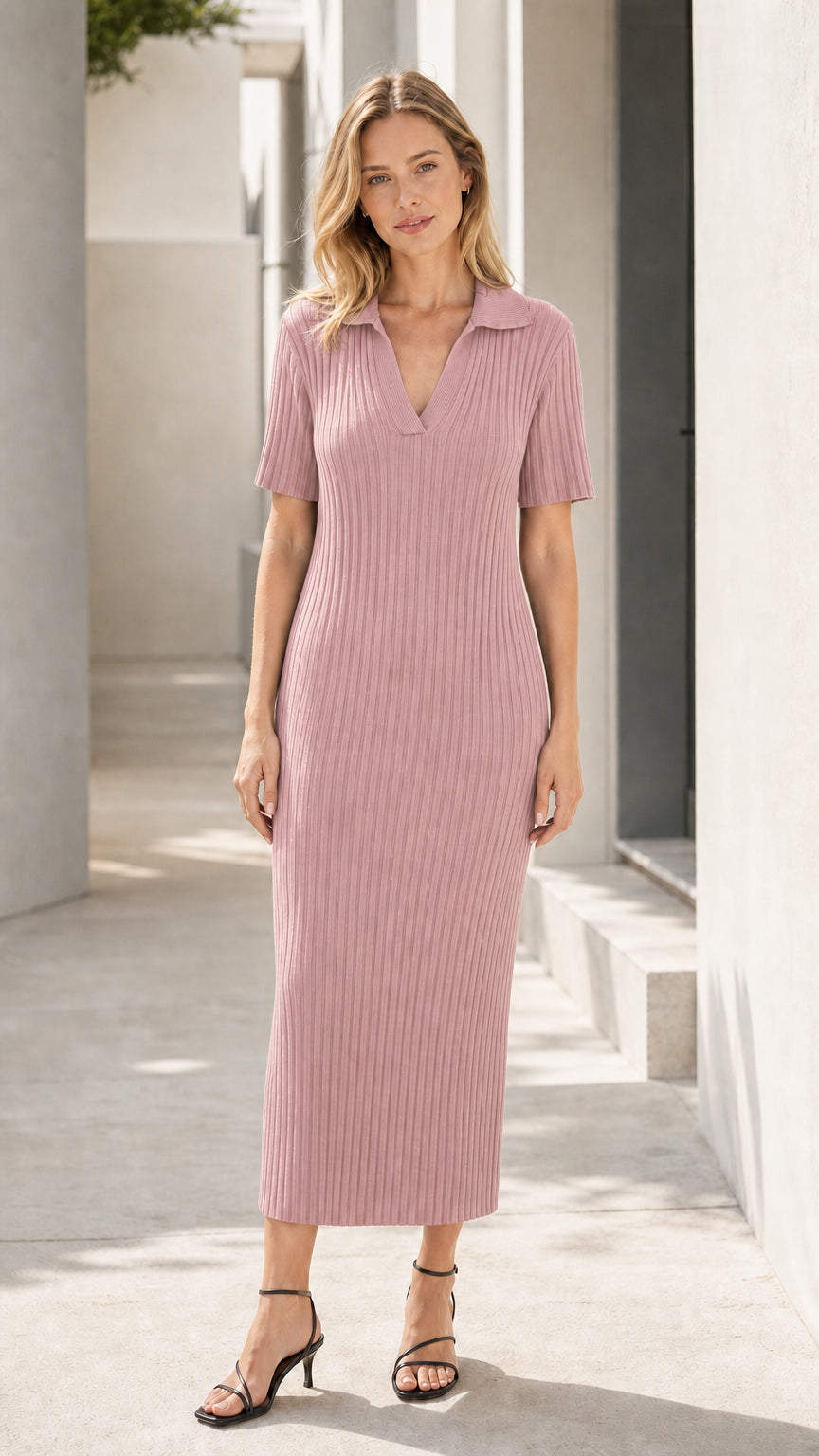 Women's Ribbed Knit Polo Midi Dress