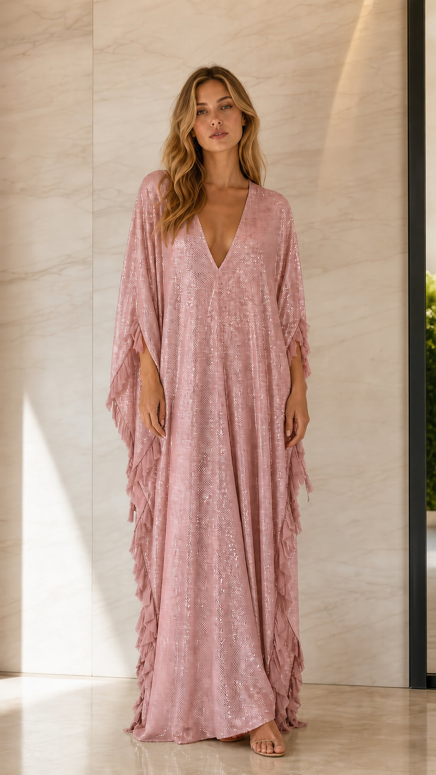 Front view of woman wearing blush pink sequin caftan dress