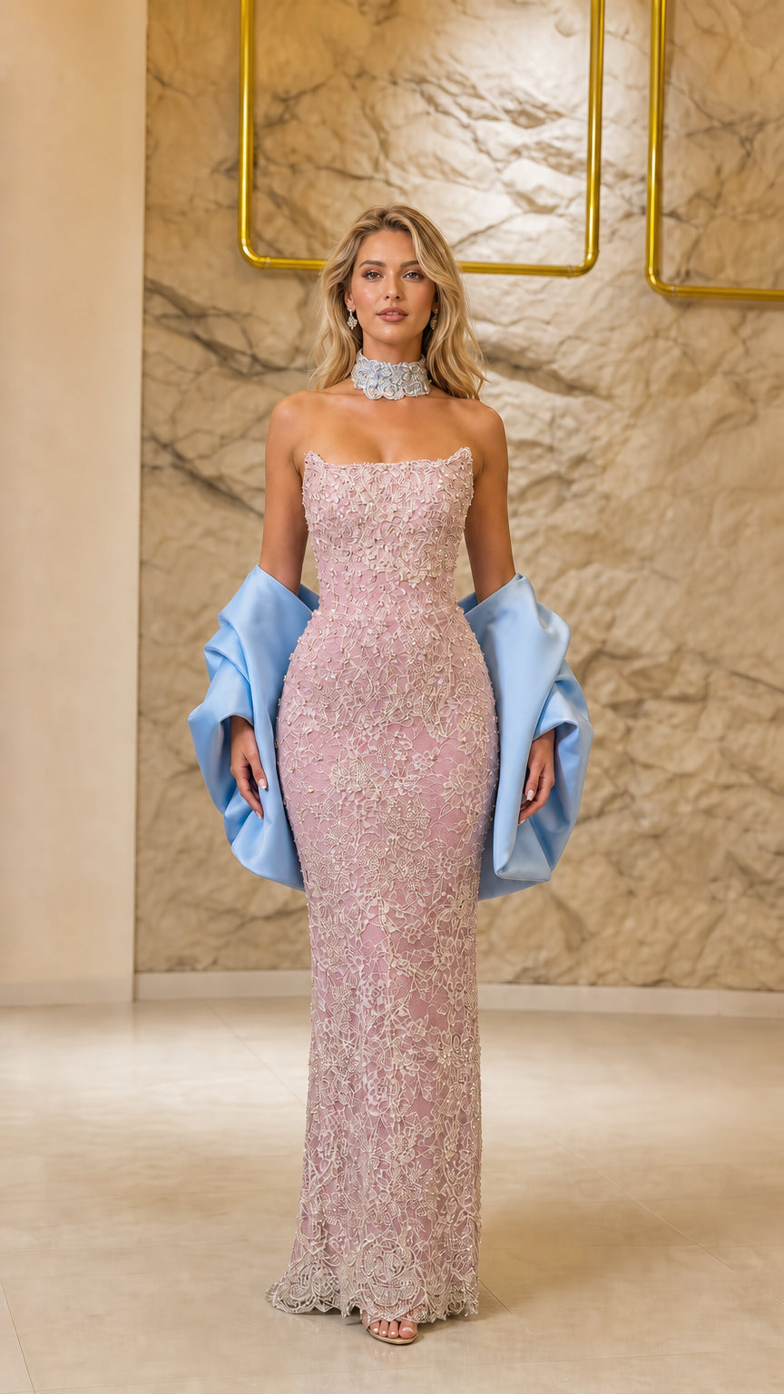 Pink color variant of the embellished strapless evening gown
