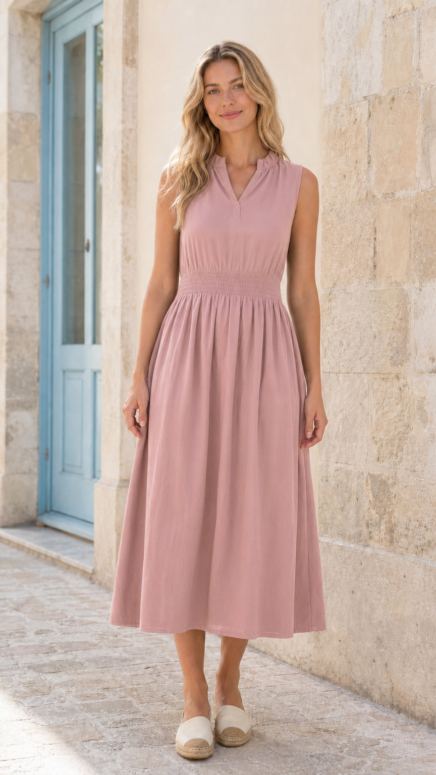 Women's Sleeveless Ruffle Neck Smocked Waist Midi Dress