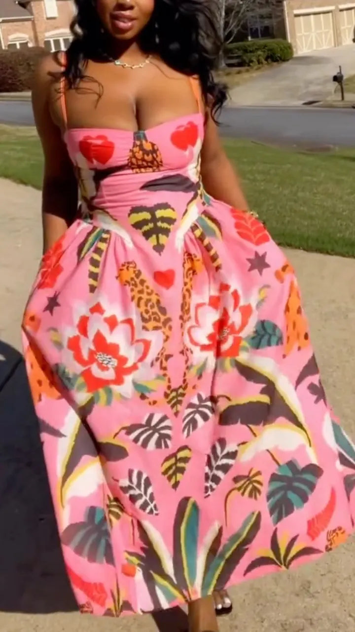 Pink Tropical Print Spaghetti Strap Midi Dress