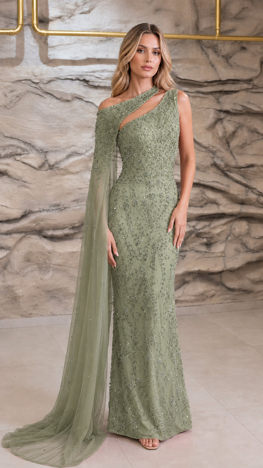 Sage green color variant of one-shoulder beaded evening dress
