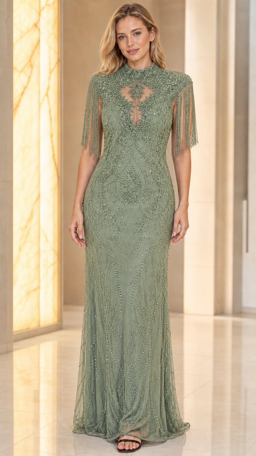 Front view of sage green evening gown variant