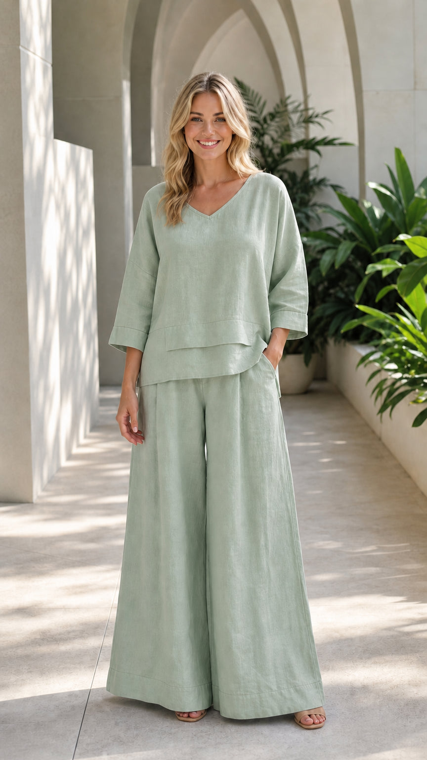 Women's Casual V-Neck Two-Piece Wide-Leg Lounge Set