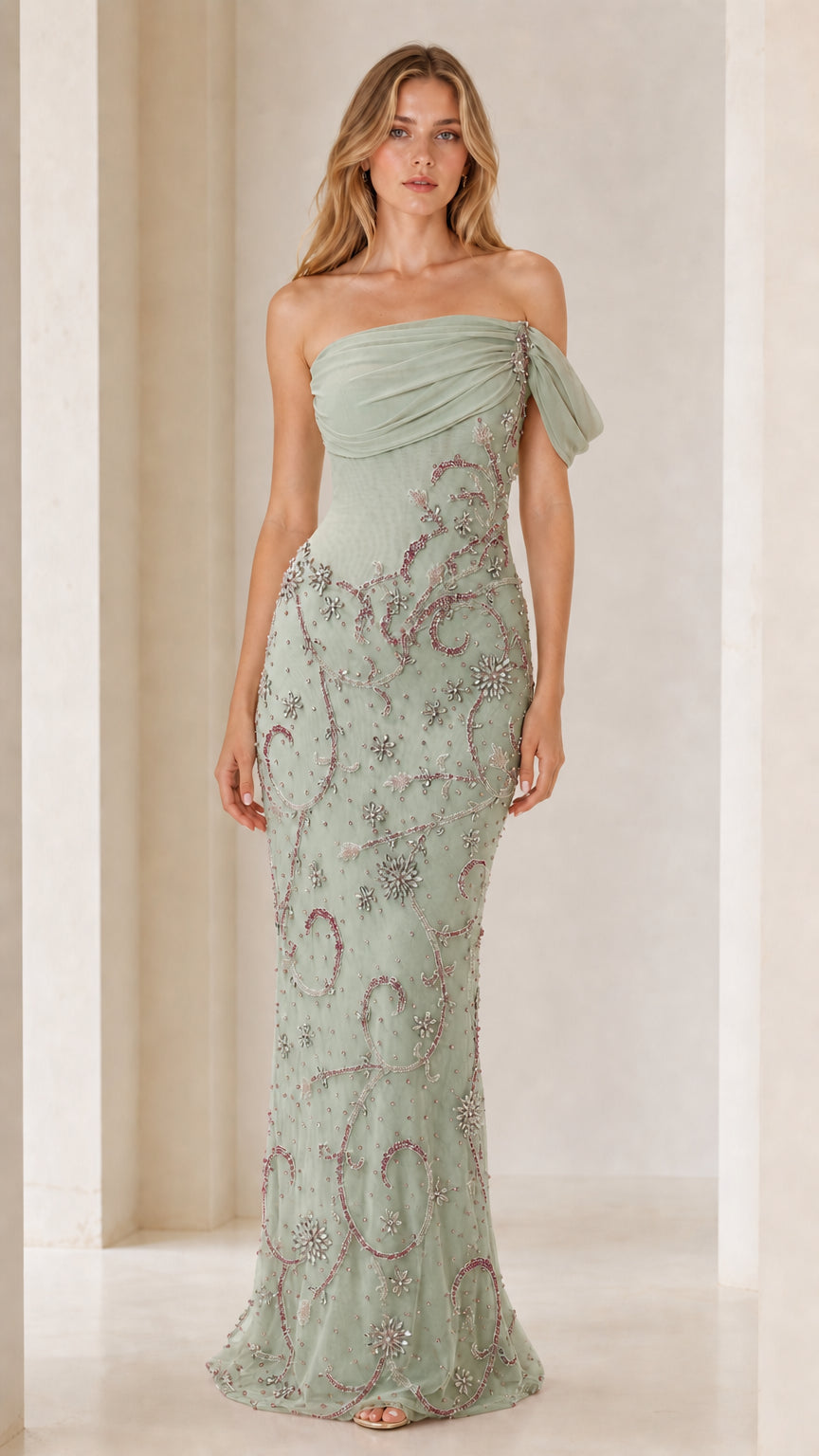Front view of model wearing sage one-shoulder beaded evening gown