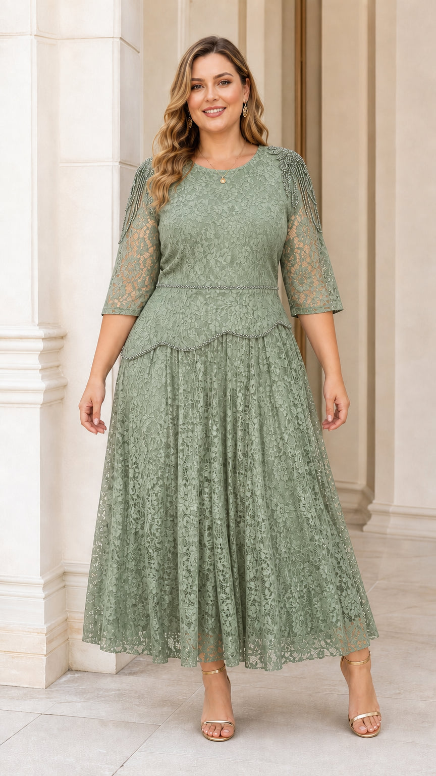 Front view of plus size model wearing sage green lace dress