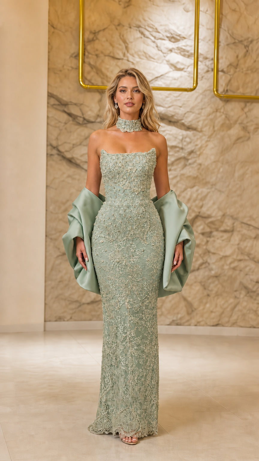 Sage green color variant of the embellished strapless evening gown