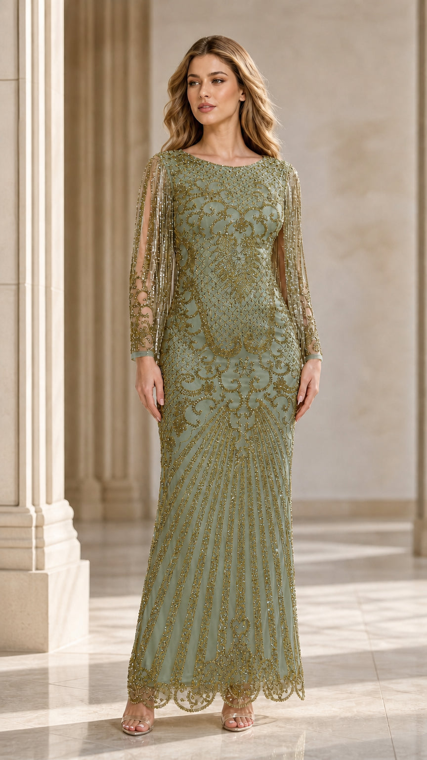 Sage green beaded evening gown variant