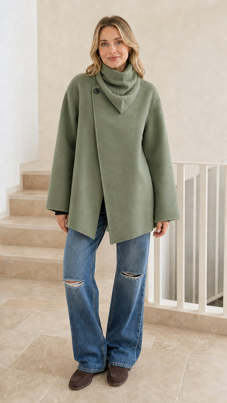 Front view of woman wearing sage green asymmetrical cowl neck jacket