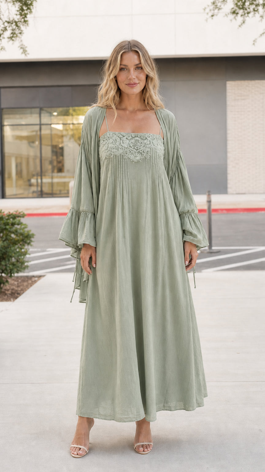 Model wearing sage green boho cami dress and matching kimono set