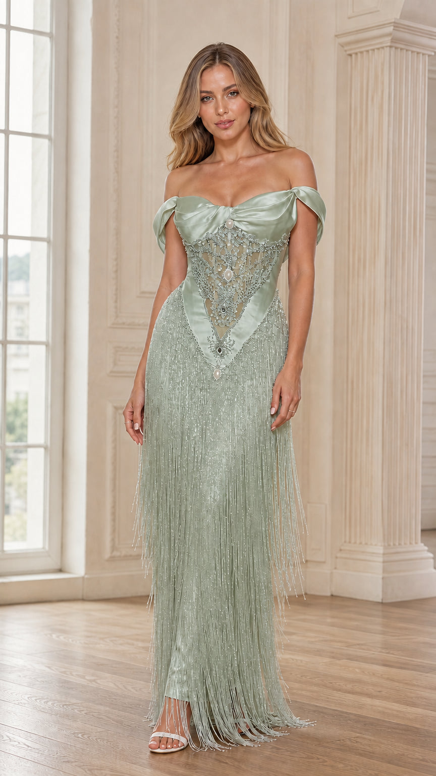 Front view of sage green off-the-shoulder fringe evening gown