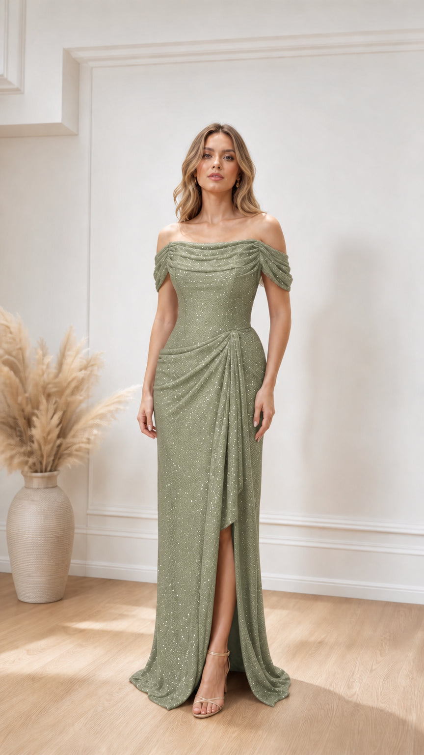 Front view of sage green off-the-shoulder evening gown