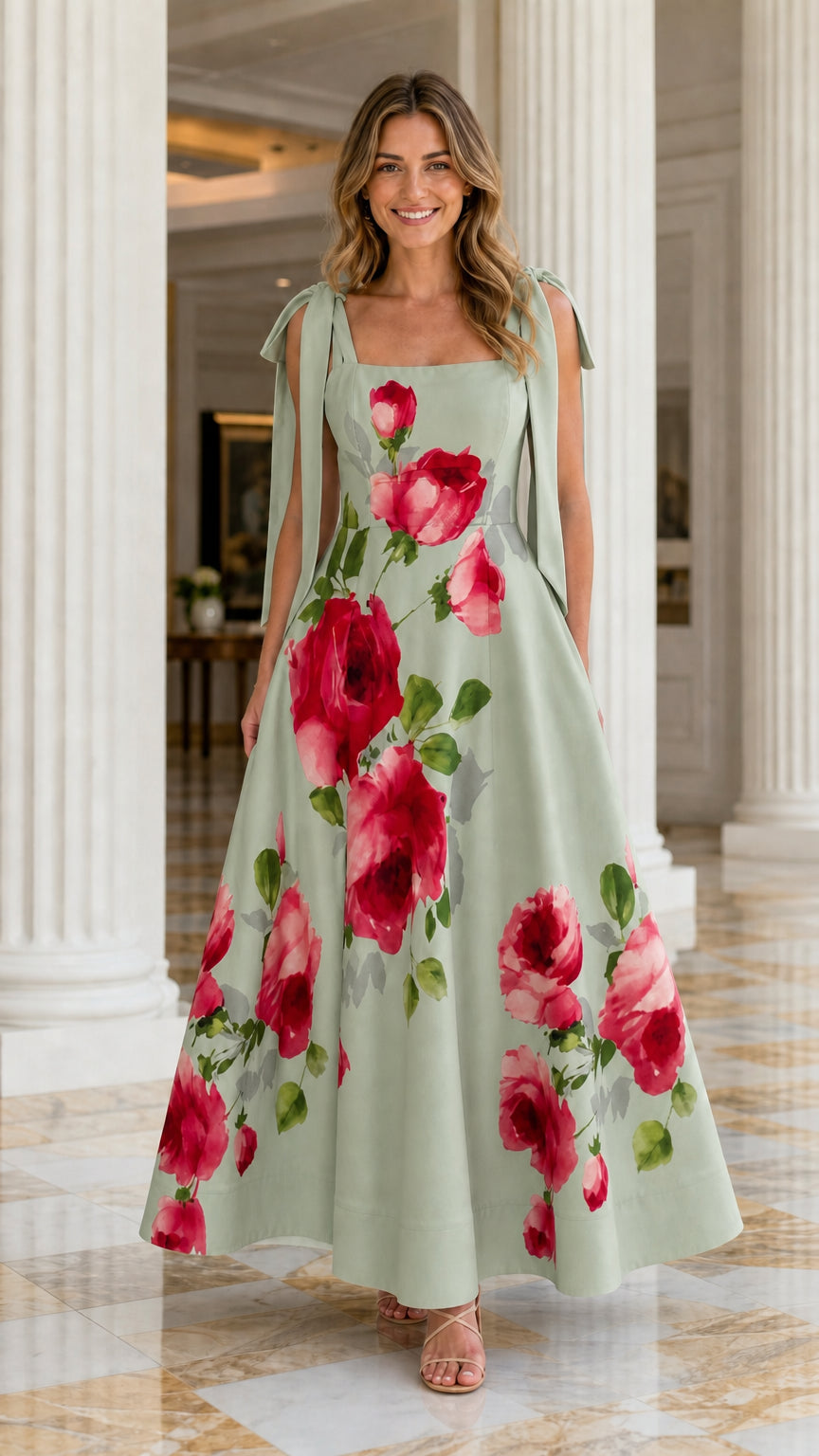 Women's Elegant Floral Print Tie-Strap Maxi Dress