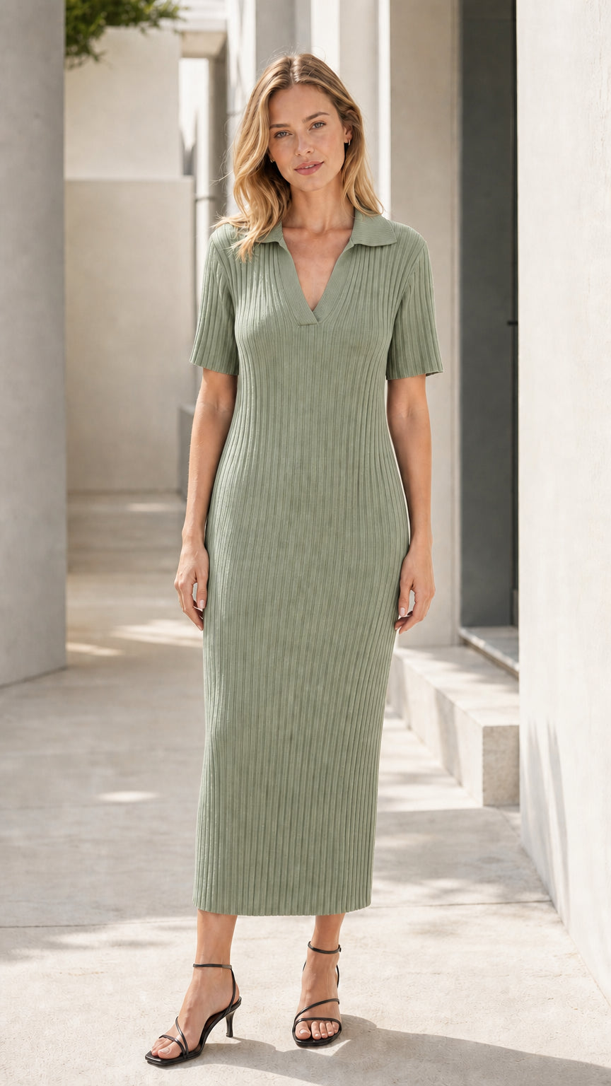 Women's Ribbed Knit Polo Midi Dress