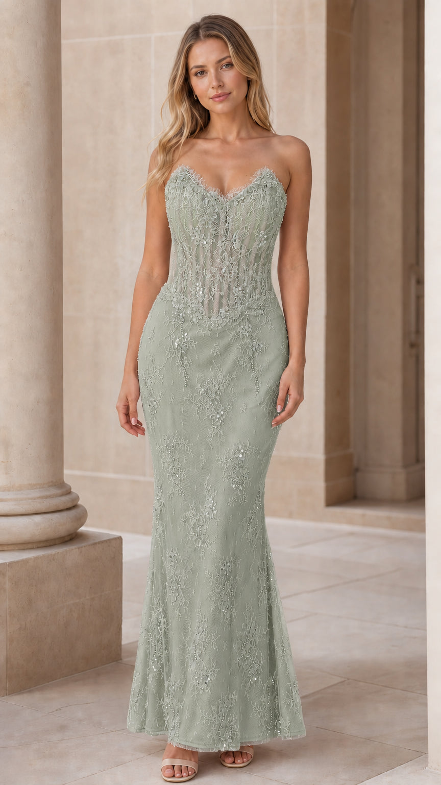 Sage color variant of the strapless lace mermaid evening dress
