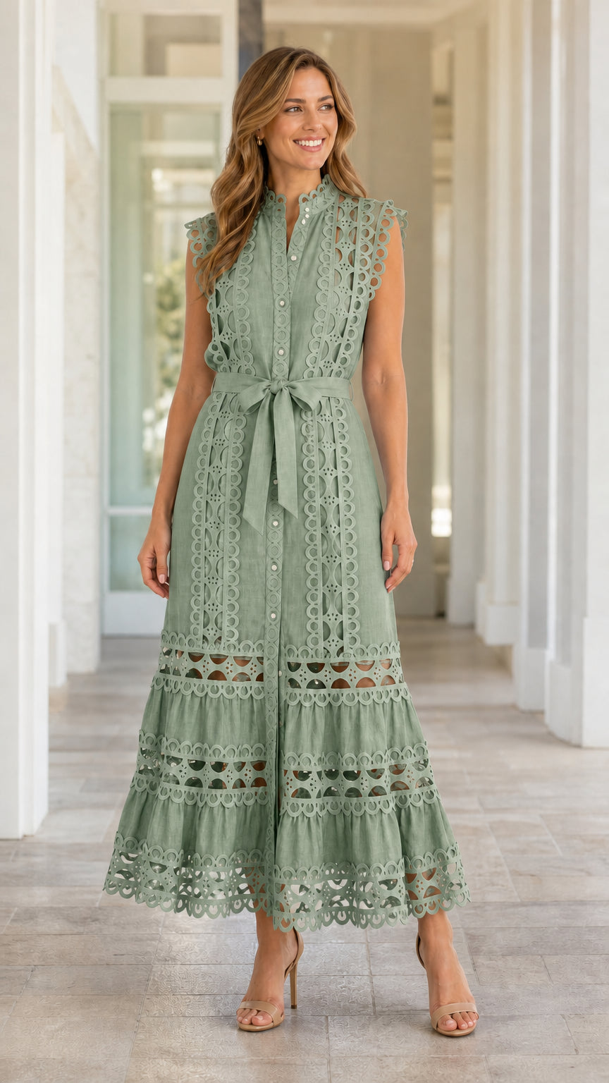 Women's Sleeveless Eyelet Lace Midi Dress with Self-Tie Belt