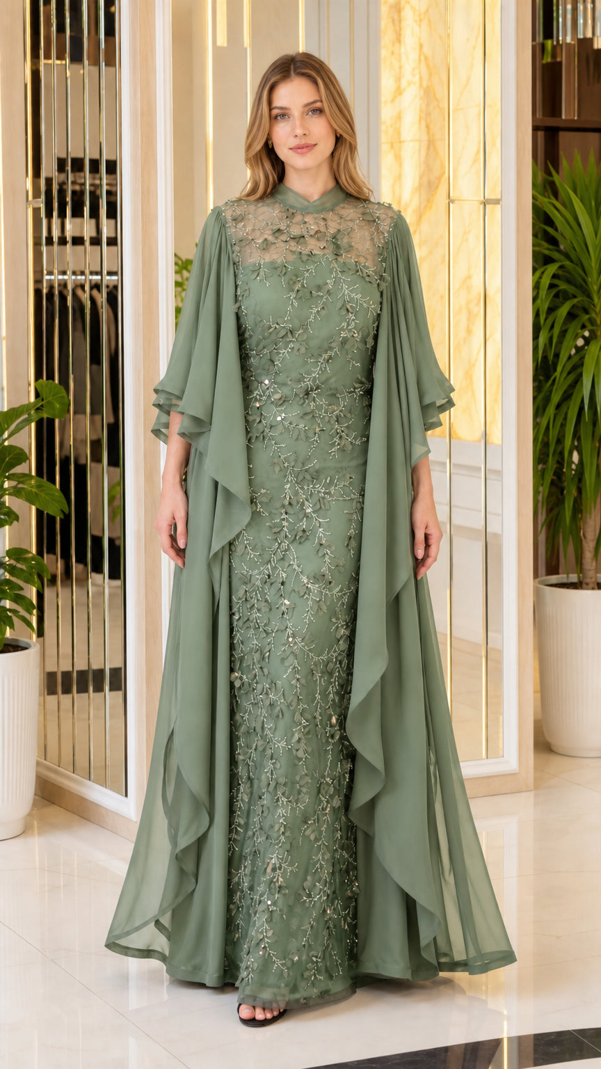 Front view of sage green evening gown variant