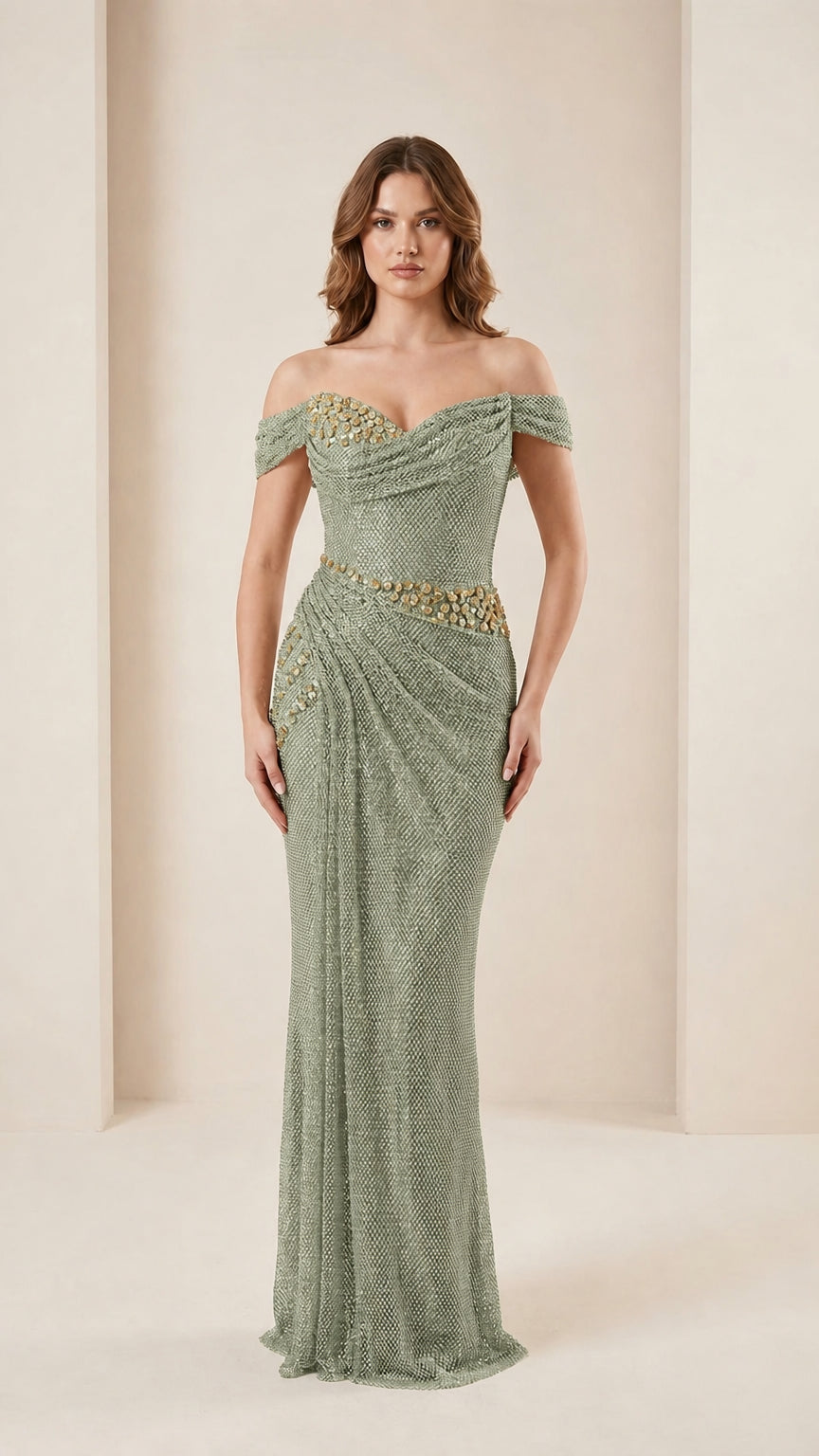 Front view of sage color variant of the evening gown