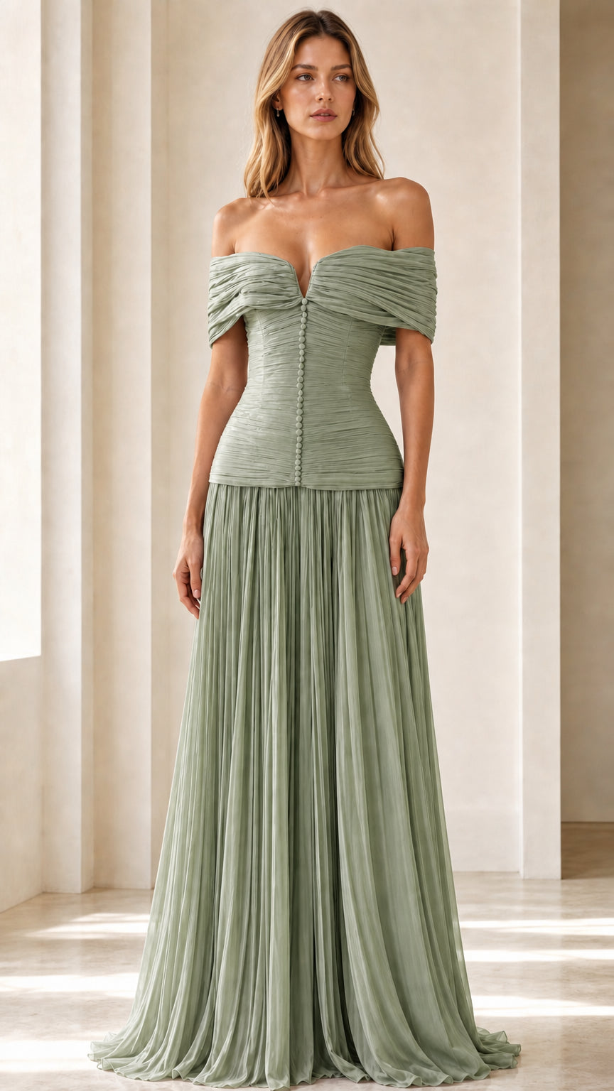 Front view of sage green off-shoulder pleated corset maxi dress