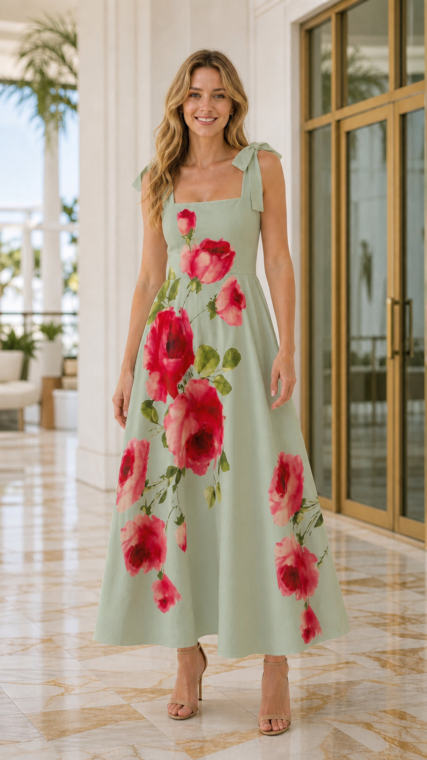 Women's Square Neck Floral Print Tie-Strap Maxi Dress