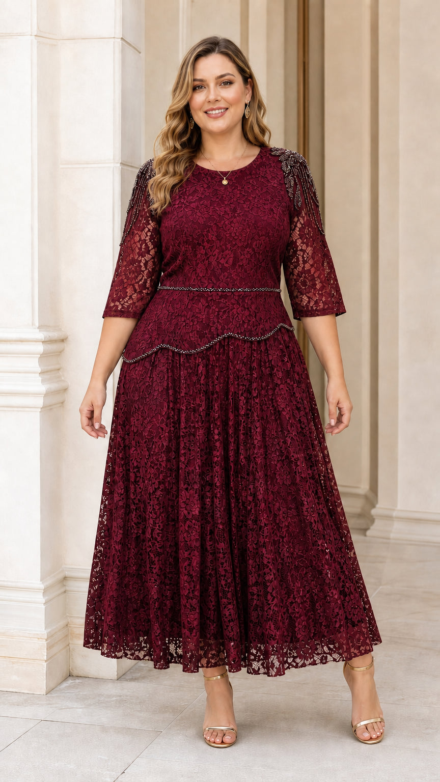 Front view of plus size model wearing burgundy lace dress